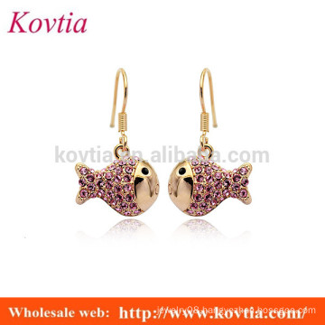 fashionable gold pink crystal fish shape dangle earring for girls